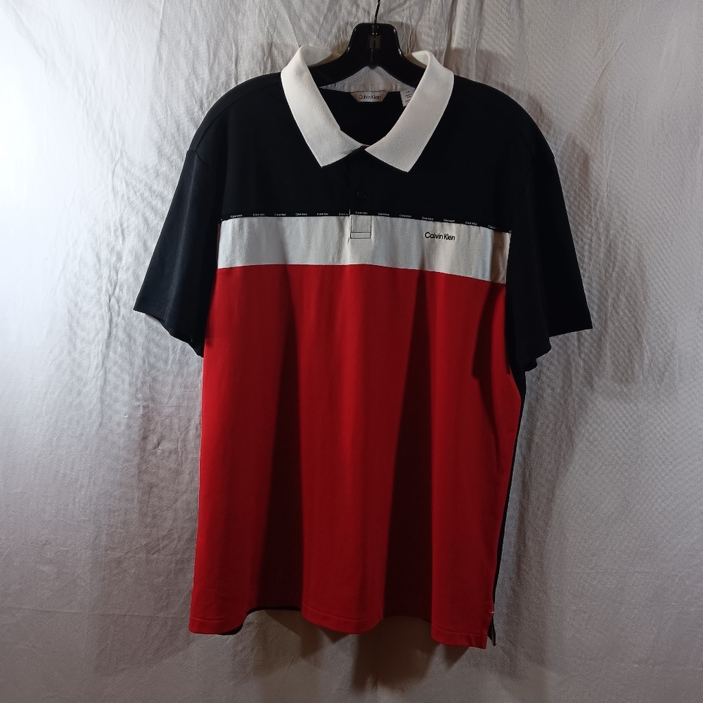 Calvin Klein Mens Large Colorblock Polo Shirt Knit Top Red Black